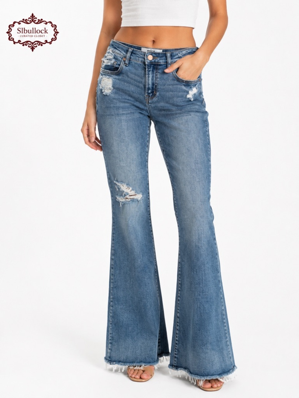 MICA Distressed Flare Jeans Size 27 Raw Hem Stretch Boho Y2K Denim